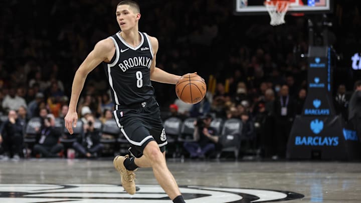 Jan 4, 2026; Brooklyn, New York, USA;  Brooklyn Nets guard Egor Demin (8) drives to the basket in the third quarter against the Denver Nuggets at Barclays Center. Mandatory Credit: Wendell Cruz-Imagn Images