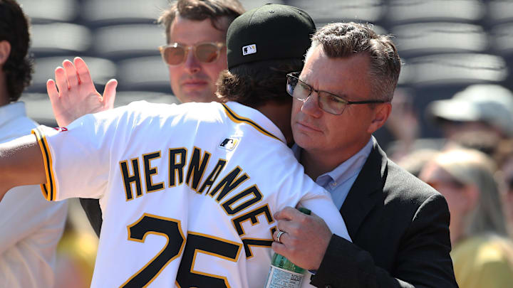 Jul 22, 2025; Pittsburgh, Pennsylvania, USA; Seth Hernandez (left), the Pittsburgh Pirates' first round and number six overall pick in the 2025 first-year player draft, greets Pirates general manager Ben Cherington (right) before the game against the Detroit Tigers at PNC Park. Mandatory Credit: Charles LeClaire-Imagn Images