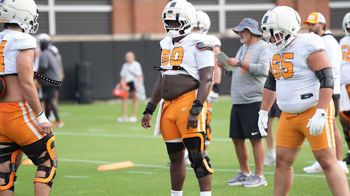 Tennessee offensive lineman William Satterwhite (50) during Tennessee football preseason practice, in Knoxville, Tennessee, Aug. 5, 2025. Tennessee offensive lineman William Satterwhite (50) during Tennessee football preseason practice, in Knoxville, Tennessee, Aug. 5, 2025.