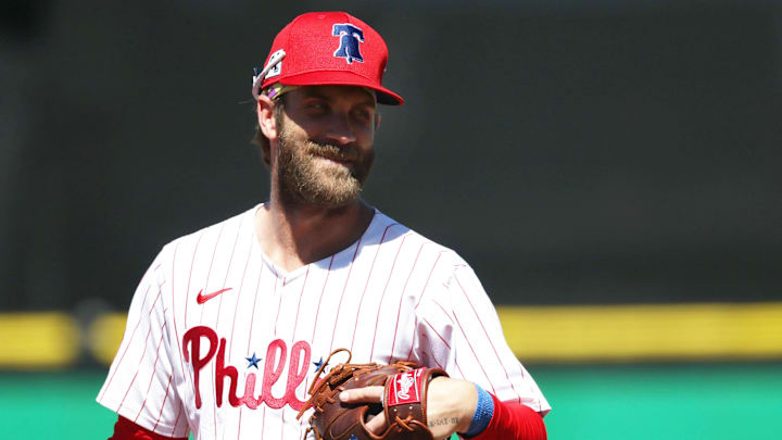 Mar 19, 2025; Clearwater, Florida, USA;  Philadelphia Phillies first base Bryce Harper (3) looks on during the sixth inning against the New York Yankees  at BayCare Ballpark. Mandatory Credit: Kim Klement Neitzel-Imagn Images