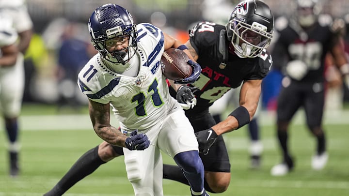 Seahawks wide receiver Jaxon Smith-Njigba runs after the catch in the Week 14 game against the Atlanta Falcons. Seahawks wide receiver Jaxon Smith-Njigba runs after the catch in the Week 14 game against the Atlanta Falcons.