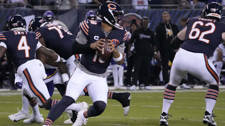 Caleb Williams wheels and rolls out of the backfield on a bootleg pass in Monday night's loss. Caleb Williams wheels and rolls out of the backfield on a bootleg pass in Monday night's loss.