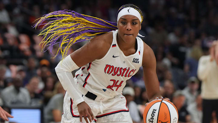 May 25, 2025; Phoenix, Arizona, USA; Washington Mystics forward Aaliyah Edwards (24) drives against the Phoenix Mercury in the first half at Footprint Center. Mandatory Credit: Rick Scuteri-Imagn Images