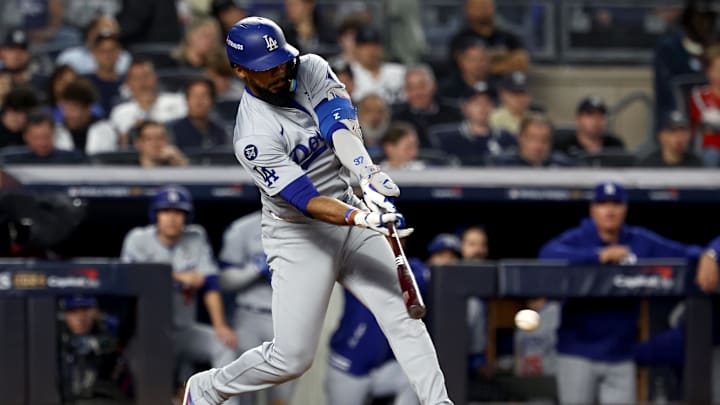 Oct 30, 2024; New York, New York, USA; Los Angeles Dodgers outfielder Teoscar Hernandez (37) singles during the ninth inning against the New York Yankees in game five of the 2024 MLB World Series at Yankee Stadium.