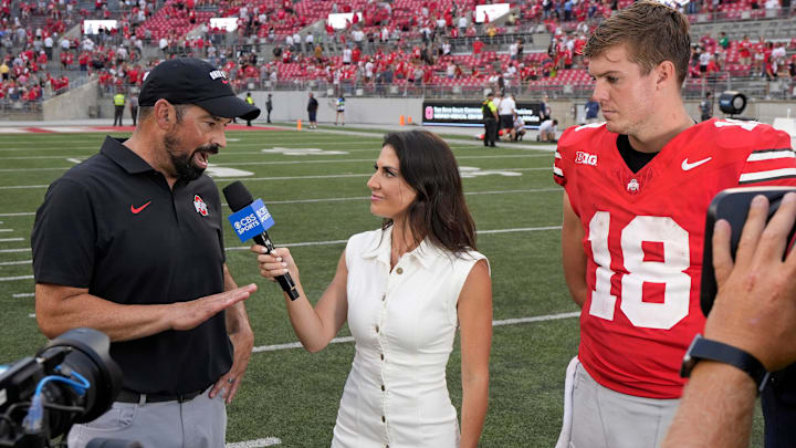 August 31, 2024; Columbus, Ohio, USA;
Ohio State Buckeyes head coach Ryan Day and Ohio State Buckeyes quarterback Will Howard (18) are interviewed following Saturday’s NCAA Division I football game against the Akron Zips at Ohio Stadium.