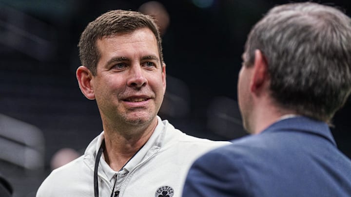 Feb 6, 2025; Boston, Massachusetts, USA; Boston Celtics general manager Brad Stevens on the court before the start of the game against the Dallas Mavericks at TD Garden. Mandatory Credit: David Butler II-Imagn Images