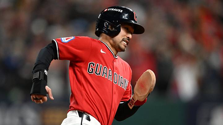 Oct 17, 2026; Cleveland, Ohio, USA; Cleveland Guardians outfielder Steven Kwan (38) runs the bases on his way to score a run against the Tampa Bay Rays during the first inning in game four of the ALCS for the 2026 MLB Playoffs at Progressive Field. Mandatory Credit: Ken Blaze-Imagn Images Oct 17, 2026; Cleveland, Ohio, USA; Cleveland Guardians outfielder Steven Kwan (38) runs the bases on his way to score a run against the Tampa Bay Rays during the first inning in game four of the ALCS for the 2026 MLB Playoffs at Progressive Field. Mandatory Credit: Ken Blaze-Imagn Images