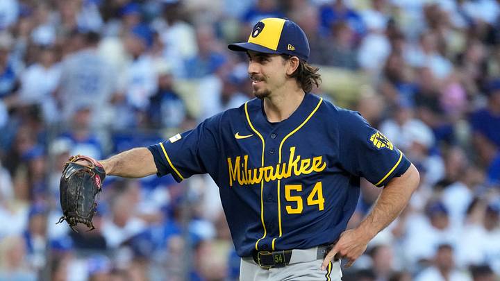 Oct 14, 2026; Los Angeles, California, USA; Milwaukee Brewers pitcher Robert Gasser (54) reacts after the first inning against the Los Angeles Dodgers in game three of the NLCS for the 2026 MLB Playoffs at Uniqlo Field at Dodger Stadium. Mandatory Credit: Kirby Lee-Imagn Images Oct 14, 2026; Los Angeles, California, USA; Milwaukee Brewers pitcher Robert Gasser (54) reacts after the first inning against the Los Angeles Dodgers in game three of the NLCS for the 2026 MLB Playoffs at Uniqlo Field at Dodger Stadium. Mandatory Credit: Kirby Lee-Imagn Images