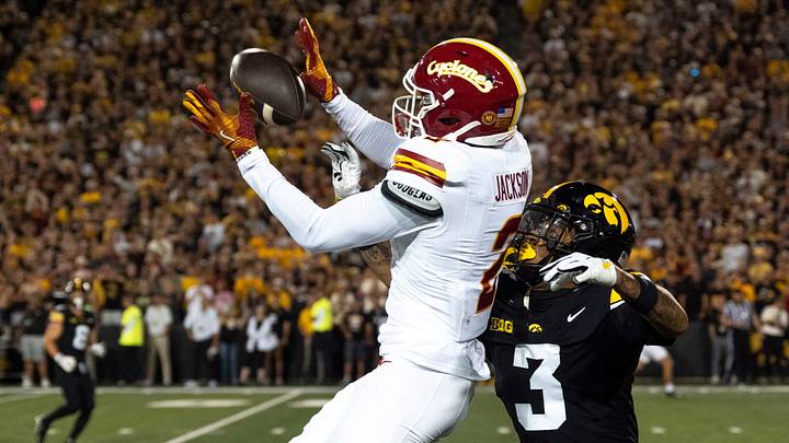 Iowa Hawkeyes defensive back Jaylen Watson (3) defends a pass meant for Iowa State wide receiver Cody Jackson (2) during the Cy-Hawk football game Sept. 12, 2026 at Kinnick Stadium in Iowa City, Iowa. The pass was incomplete. Iowa Hawkeyes defensive back Jaylen Watson (3) defends a pass meant for Iowa State wide receiver Cody Jackson (2) during the Cy-Hawk football game Sept. 12, 2026 at Kinnick Stadium in Iowa City, Iowa. The pass was incomplete.