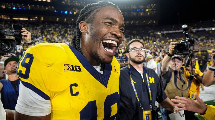 Michigan quarterback Bryce Underwood celebrates the 13-12 win over Western Michigan Michigan quarterback Bryce Underwood celebrates the 13-12 win over Western Michigan