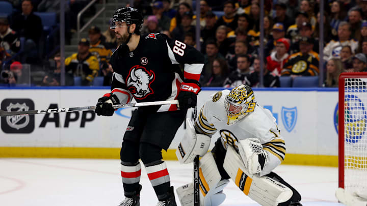Dec 27, 2023; Buffalo, New York, USA;  Buffalo Sabres right wing Alex Tuch (89) and Boston Bruins