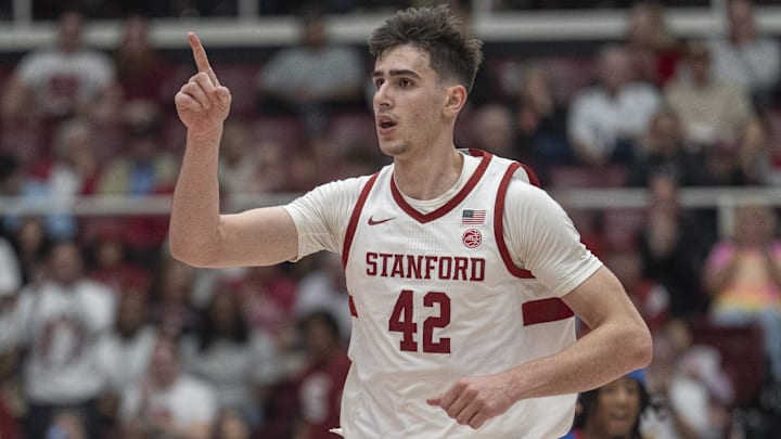 Mar 1, 2025; Stanford, California, USA; Stanford Cardinal forward Maxime Raynaud (42) signals during the second half against the Southern Methodist Mustangs at Maples Pavilion. Mandatory Credit: Stan Szeto-Imagn Images Mar 1, 2025; Stanford, California, USA; Stanford Cardinal forward Maxime Raynaud (42) signals during the second half against the Southern Methodist Mustangs at Maples Pavilion. Mandatory Credit: Stan Szeto-Imagn Images