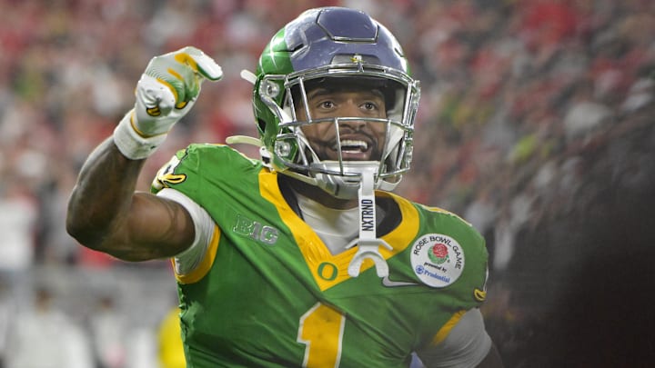 Jan 1, 2025; Pasadena, CA, USA; Oregon Ducks wide receiver Traeshon Holden (1) celebrates after a touchdown in the second half against the Ohio State Buckeyes in the 2025 Rose Bowl college football quarterfinal game at Rose Bowl Stadium. Mandatory Credit: Jayne Kamin-Oncea-Imagn Images