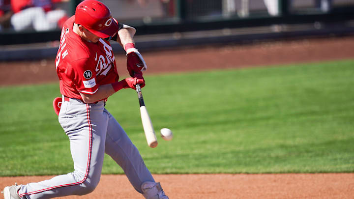 Cooper Bowman of the Cincinnati Reds hits the ball in the fifth inning of a Cactus League game between the Reds and San Francisco Giants on Feb. 23, 2025, at Scottsdale Stadium in Scottsdale, Ariz.  