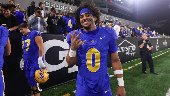 Nov 22, 2025; Atlanta, Georgia, USA; Pittsburgh Panthers linebacker Braylan Lovelace (0) celebrates after a victory over the Georgia Tech Yellow Jackets at Bobby Dodd Stadium at Hyundai Field. Mandatory Credit: Brett Davis-Imagn Images