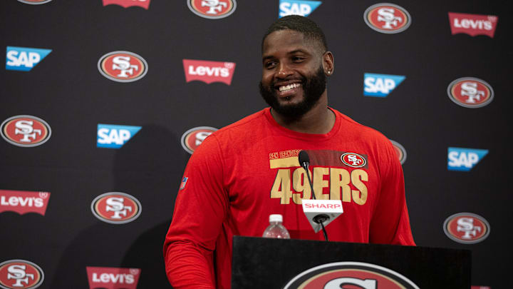 Jul 25, 2024; Santa Clara, CA, USA; San Francisco 49ers defensive lineman Javon Hargrave answers questions at a press conference following Day 3 of training camp at SAP Performance Facility. Mandatory Credit: D. Ross Cameron-Imagn Images Jul 25, 2024; Santa Clara, CA, USA; San Francisco 49ers defensive lineman Javon Hargrave answers questions at a press conference following Day 3 of training camp at SAP Performance Facility. Mandatory Credit: D. Ross Cameron-Imagn Images