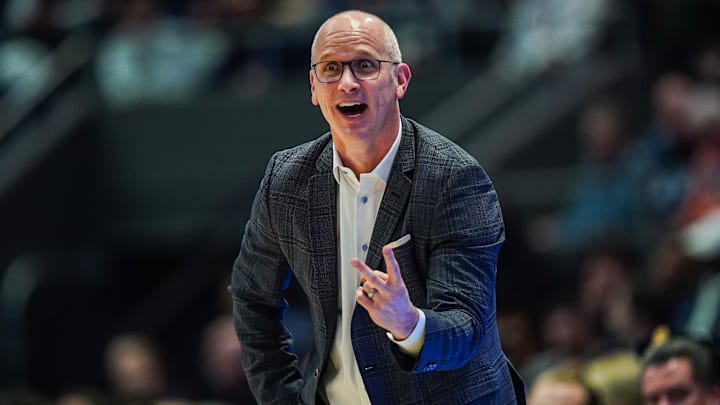 Jan 10, 2026; Hartford, Connecticut, USA; UConn Huskies head coach Dan Hurley watches from the sideline as they take on the DePaul Blue Demons at PeoplesBank Arena. Mandatory Credit: David Butler II-Imagn Images