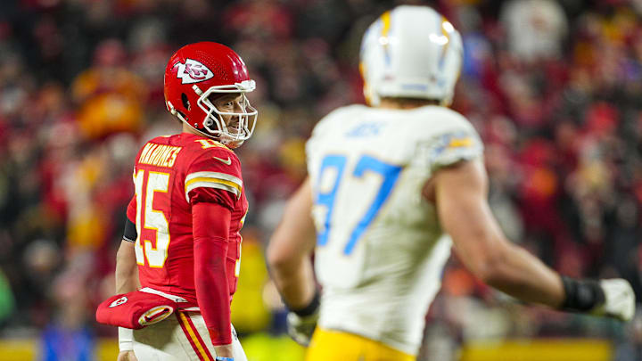 Dec 8, 2024; Kansas City, Missouri, USA; Kansas City Chiefs quarterback Patrick Mahomes (15) reacts after a first down during the second half against the Los Angeles Chargers at GEHA Field at Arrowhead Stadium. Mandatory Credit: Jay Biggerstaff-Imagn Images