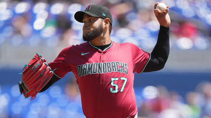 Apr 17, 2025; Miami, Florida, USA;  Arizona Diamondbacks pitcher Eduardo Rodriguez (57) pitches against the Miami Marlins in the first inning at loanDepot Park. Mandatory Credit: Jim Rassol-Imagn Images
