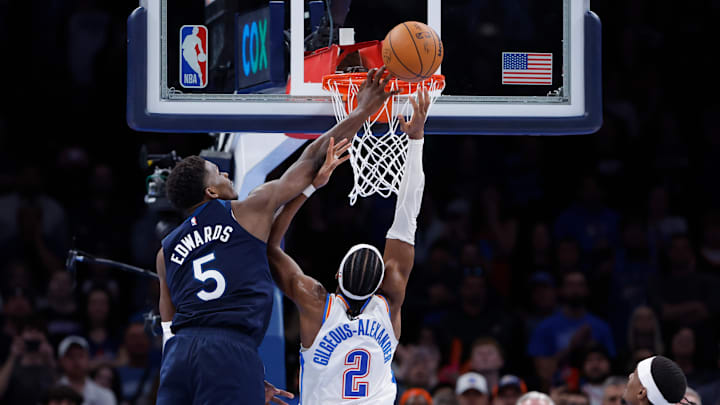 Minnesota Timberwolves guard Anthony Edwards blocks a shot by Oklahoma City Thunder guard Shai Gilgeous-Alexander during the second half at Paycom Center in Oklahoma City on Feb. 24, 2025.