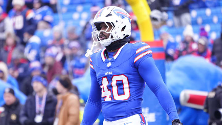 Jan 12, 2025; Orchard Park, New York, USA; Buffalo Bills linebacker Von Miller (40) warms up before a game against the Denver Broncos in an AFC wild card game at Highmark Stadium.