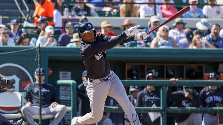 Feb 24, 2024; Lakeland, Florida, USA; New York Yankees infielder Jeter Downs (70) bats during the
