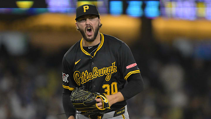 Apr 25, 2025; Los Angeles, California, USA; Pittsburgh Pirates starting pitcher Paul Skenes (30) reacts after striking out Los Angeles Dodgers second baseman Tommy Edman (25) to end the sixth inning at Dodger Stadium. Mandatory Credit: Jayne Kamin-Oncea-Imagn Images Apr 25, 2025; Los Angeles, California, USA; Pittsburgh Pirates starting pitcher Paul Skenes (30) reacts after striking out Los Angeles Dodgers second baseman Tommy Edman (25) to end the sixth inning at Dodger Stadium. Mandatory Credit: Jayne Kamin-Oncea-Imagn Images