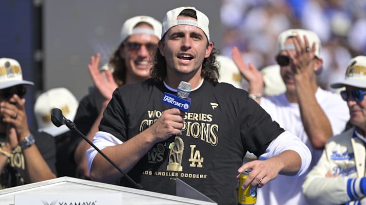 Nov 1, 2024; Los Angeles, CA, USA; Los Angeles Dodgers pitcher Brent Honeywell (40) speaks to fans during the World Series Championship Celebration at Dodger Stadium. Mandatory Credit: Jayne Kamin-Oncea-Imagn Images Nov 1, 2024; Los Angeles, CA, USA; Los Angeles Dodgers pitcher Brent Honeywell (40) speaks to fans during the World Series Championship Celebration at Dodger Stadium. Mandatory Credit: Jayne Kamin-Oncea-Imagn Images