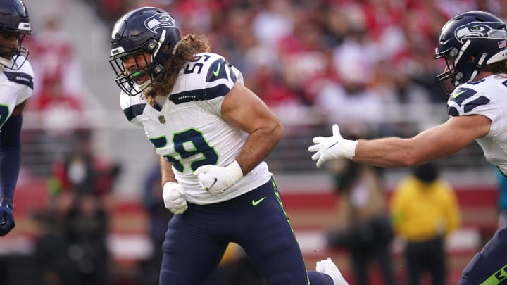 Dec 10, 2023; Santa Clara, California, USA; Seattle Seahawks linebacker Jon Rhattigan (59) reacts after making a tackle against the San Francisco 49ers in the first quarter at Levi's Stadium. Dec 10, 2023; Santa Clara, California, USA; Seattle Seahawks linebacker Jon Rhattigan (59) reacts after making a tackle against the San Francisco 49ers in the first quarter at Levi's Stadium.
