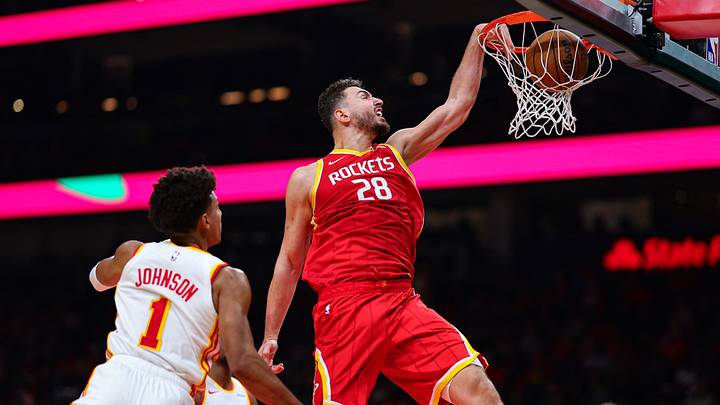 Oct 24, 2026; Atlanta, Georgia, USA; Houston Rockets center Alperen Sengun (28) dunks against Atlanta Hawks forward Jalen Johnson (1) in the third quarter at State Farm Arena. Mandatory Credit: Colin Hubbard-Imagn Images Oct 24, 2026; Atlanta, Georgia, USA; Houston Rockets center Alperen Sengun (28) dunks against Atlanta Hawks forward Jalen Johnson (1) in the third quarter at State Farm Arena. Mandatory Credit: Colin Hubbard-Imagn Images