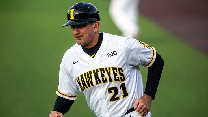 Iowa head coach Rick Heller runs out to the third baseline during NCAA non conference baseball game, Friday, May 3, 2019, at Duane Banks Field in Iowa City, Iowa.

190503 Bsb Uci 010 Jpg