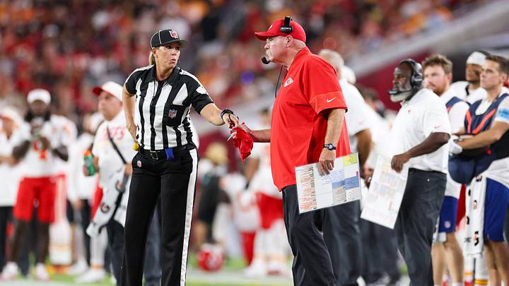 Aug 22, 2026; Tampa, Florida, USA; Kansas City Chiefs head coach Andy Reid throws a challenge flag to down judge Sarah Thomas (53) against the Tampa Bay Buccaneers in the second quarter during a preseason game at Raymond James Stadium. Mandatory Credit: Nathan Ray Seebeck-Imagn Images Aug 22, 2026; Tampa, Florida, USA; Kansas City Chiefs head coach Andy Reid throws a challenge flag to down judge Sarah Thomas (53) against the Tampa Bay Buccaneers in the second quarter during a preseason game at Raymond James Stadium. Mandatory Credit: Nathan Ray Seebeck-Imagn Images