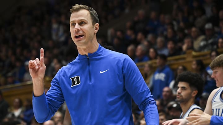 Jan 24, 2026; Durham, North Carolina, USA; Duke Blue Devils head coach Jon Scheyer gestures during the second half against the Wake Forest Demon Deacons.