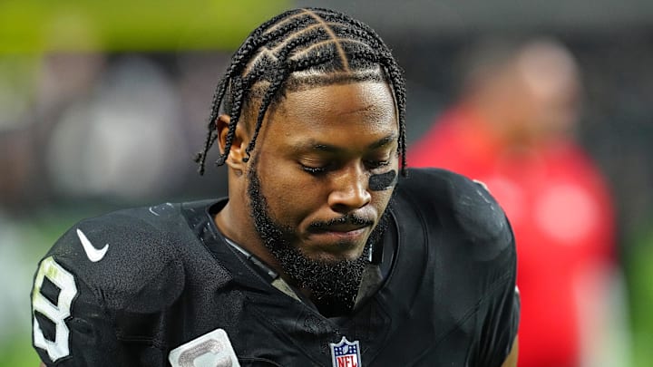 Dec 10, 2023; Paradise, Nevada, USA; Las Vegas Raiders running back Josh Jacobs (8) walks off the