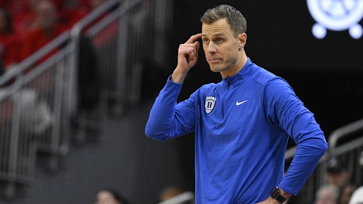 Jan 6, 2026; Louisville, Kentucky, USA;  Duke Blue Devils head coach Jon Scheyer reacts during the second half against the Louisville Cardinals at KFC Yum! Center. Duke defeated Louisville 84-73.