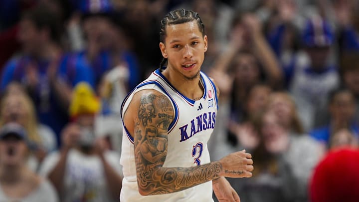 Dec 7, 2025; Kansas City, Missouri, USA; Kansas Jayhawks guard Tre White (3) reacts during the second half against the Missouri Tigers at T-Mobile Center. Mandatory Credit: Jay Biggerstaff-Imagn Images Dec 7, 2025; Kansas City, Missouri, USA; Kansas Jayhawks guard Tre White (3) reacts during the second half against the Missouri Tigers at T-Mobile Center. Mandatory Credit: Jay Biggerstaff-Imagn Images