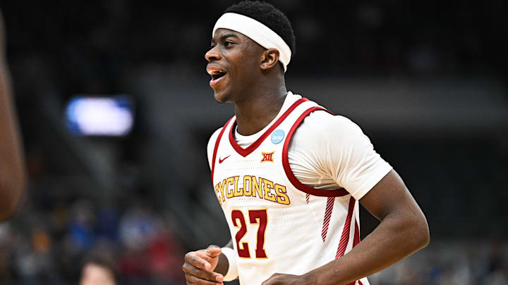 Mar 22, 2026; St. Louis, MO, USA; Iowa State Cyclones guard Killyan Toure (27) reacts during the second half against the Kentucky Wildcats during a second round game of the men's 2026 NCAA Tournament at Enterprise Center.