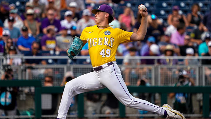 Jun 21, 2023; Omaha, NE, USA; LSU Tigers starting pitcher Javen Coleman (49) throws a pitch against the Wake Forest Demon Deacons during the first inning at Charles Schwab Field Omaha. Mandatory Credit: Dylan Widger-USA TODAY Sports