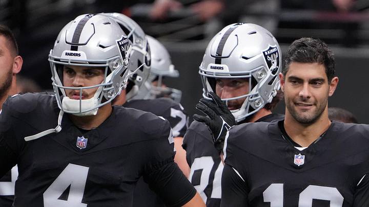 Aug 13, 2023; Paradise, Nevada, USA; Las Vegas Raiders quarterback Jimmy Garoppolo (10) and Aug 13, 2023; Paradise, Nevada, USA; Las Vegas Raiders quarterback Jimmy Garoppolo (10) and