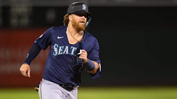 Seattle Mariners first baseman Justin Turner runs during a game against the Oakland Athletics on Sept. 4 at Oakland Coliseum. Seattle Mariners first baseman Justin Turner runs during a game against the Oakland Athletics on Sept. 4 at Oakland Coliseum.