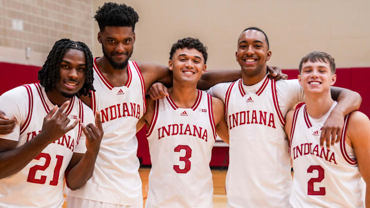 Indiana's Mackenzie Mgbako (21), Dallas James, Anthony Leal (3), Bryson Tucker and Gabe Cupps (2) pictured during media day at Cook Hall.