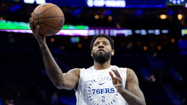 Nov 12, 2024; Philadelphia, Pennsylvania, USA; Philadelphia 76ers forward Paul George before action against the New York Knicks at Wells Fargo Center. Mandatory Credit: Bill Streicher-Imagn Images