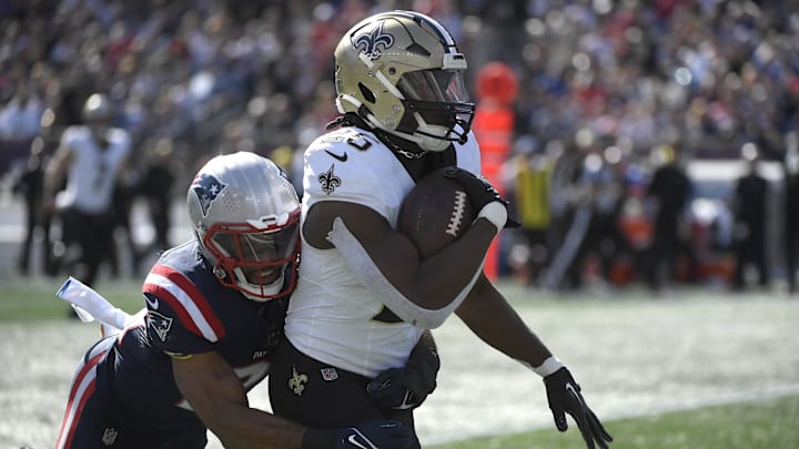 New Orleans Saints running back Kendre Miller (25) after a big gain against the New England Patriots 