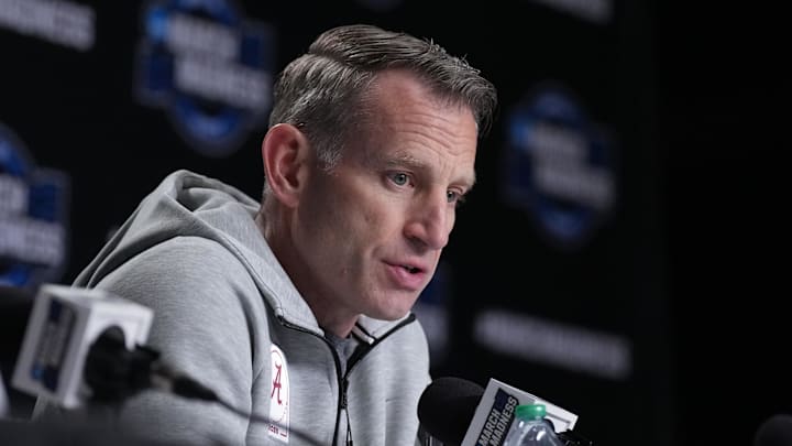Mar 26, 2025; Newark, NJ, USA; Alabama Crimson Tide head coach Nate Oats talks to the media at the Prudential Center, Mar 26, 2025; Newark, NJ, USA; Alabama Crimson Tide head coach Nate Oats talks to the media at the Prudential Center,