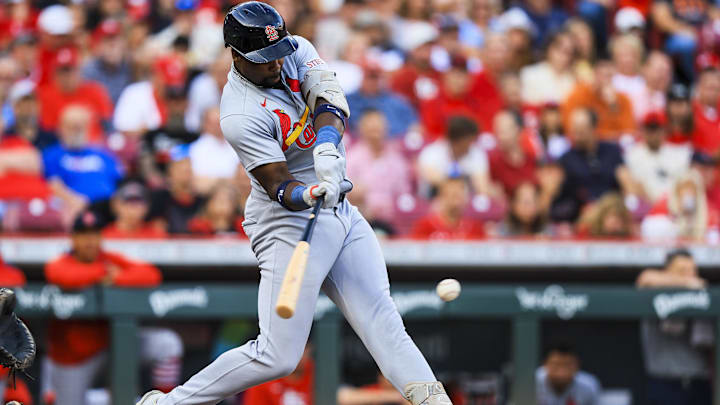 Aug 29, 2025; Cincinnati, Ohio, USA; St. Louis Cardinals outfielder Jordan Walker (18) hits a single in the second inning against the Cincinnati Reds at Great American Ball Park. Mandatory Credit: Katie Stratman-Imagn Images