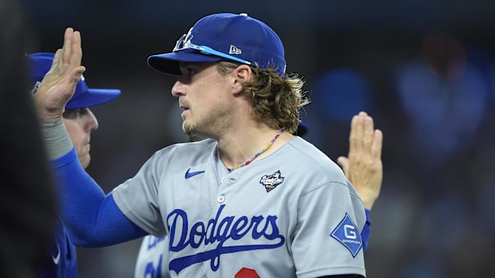 Oct 31, 2025; Toronto, Ontario, CAN; Los Angeles Dodgers first baseman Enrique Hernandez (8) celebrates after defeating the Toronto Blue Jays during game six of the 2025 MLB World Series at Rogers Centre. Mandatory Credit: John E. Sokolowski-Imagn Images