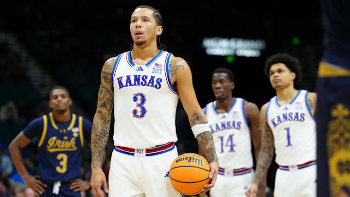 Nov 24, 2025; Las Vegas, Nevada, USA; Kansas Jayhawks guard Tre White (3) prepares to shoot free throws against the Notre Dame Fighting Irish during the first half in a 2025 Players Era Festival group play game at MGM Grand Garden Arena. Mandatory Credit: Stephen R. Sylvanie-Imagn Images