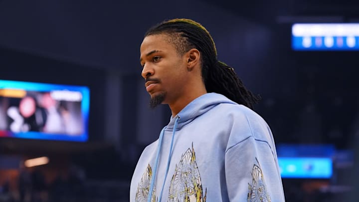 Jan 4, 2025; San Francisco, California, USA;  Memphis Grizzlies guard Ja Morant (12) is sidelined with an injury for the game against the Golden State Warriors at Chase Center. 