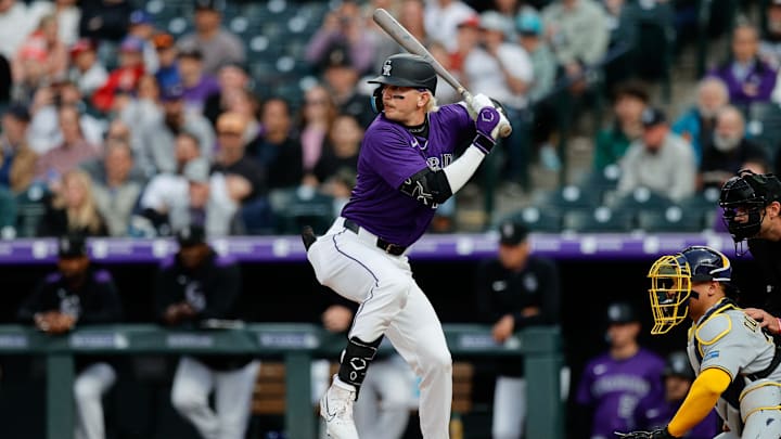 Apr 8, 2025; Denver, Colorado, USA; Colorado Rockies right fielder Zac Veen (13) at bat in the second inning against the Milwaukee Brewers at Coors Field. Mandatory Credit: Isaiah J. Downing-Imagn Images
