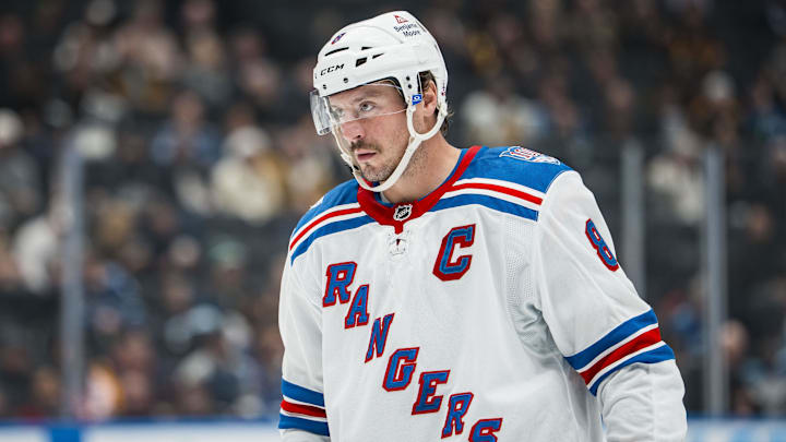Oct 28, 2025; Vancouver, British Columbia, CAN; New York Rangers forward J.T. Miller (8) during a stop in play against the Vancouver Canucks in the third period at Rogers Arena. Mandatory Credit: Bob Frid-Imagn Images Oct 28, 2025; Vancouver, British Columbia, CAN; New York Rangers forward J.T. Miller (8) during a stop in play against the Vancouver Canucks in the third period at Rogers Arena. Mandatory Credit: Bob Frid-Imagn Images